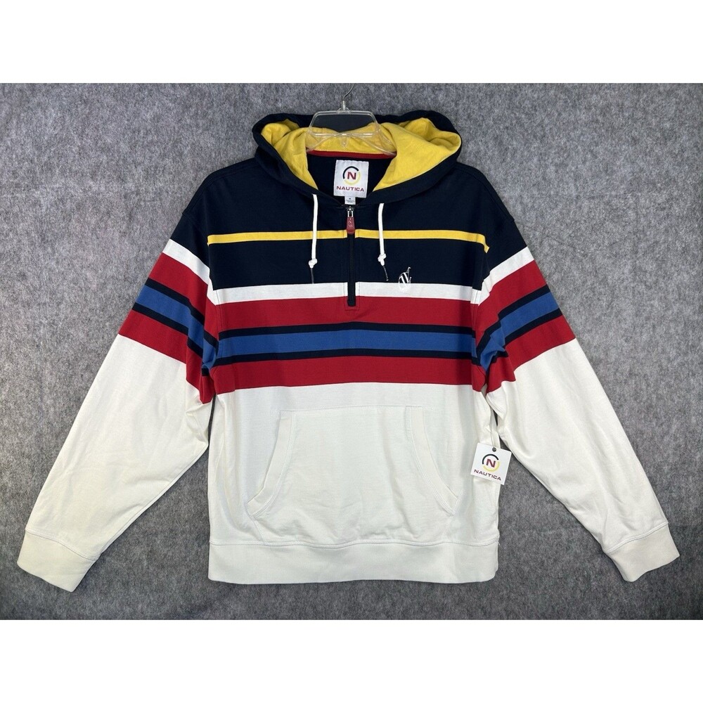 Nautica Striped Rugby Hoodie Men’s Size M Quarter Zip Long Sleeve